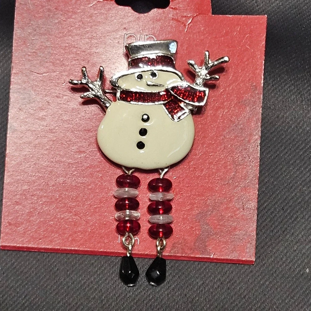 Vintage Target Snowman Pin Red Glitter Scarf‎ Beaded Legs Christmas Brooch 2006